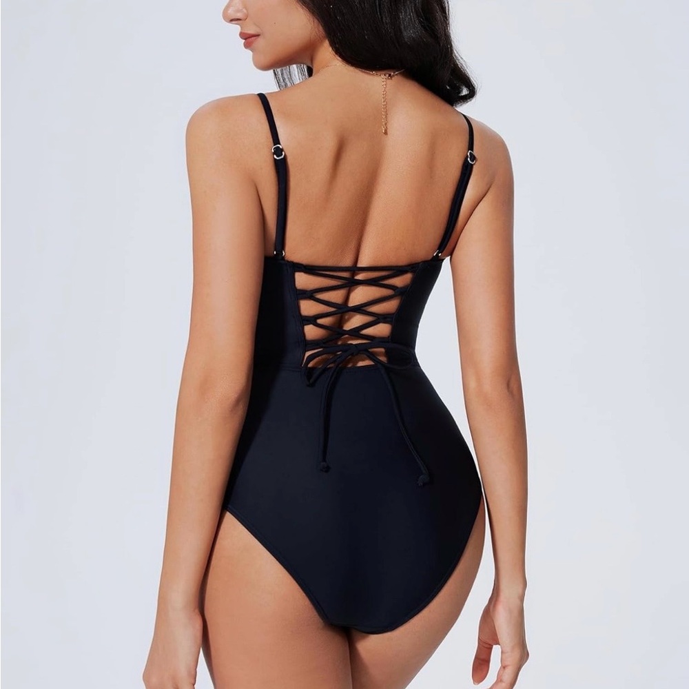 Sleek Black Lace-Up One Piece Swimsuit M